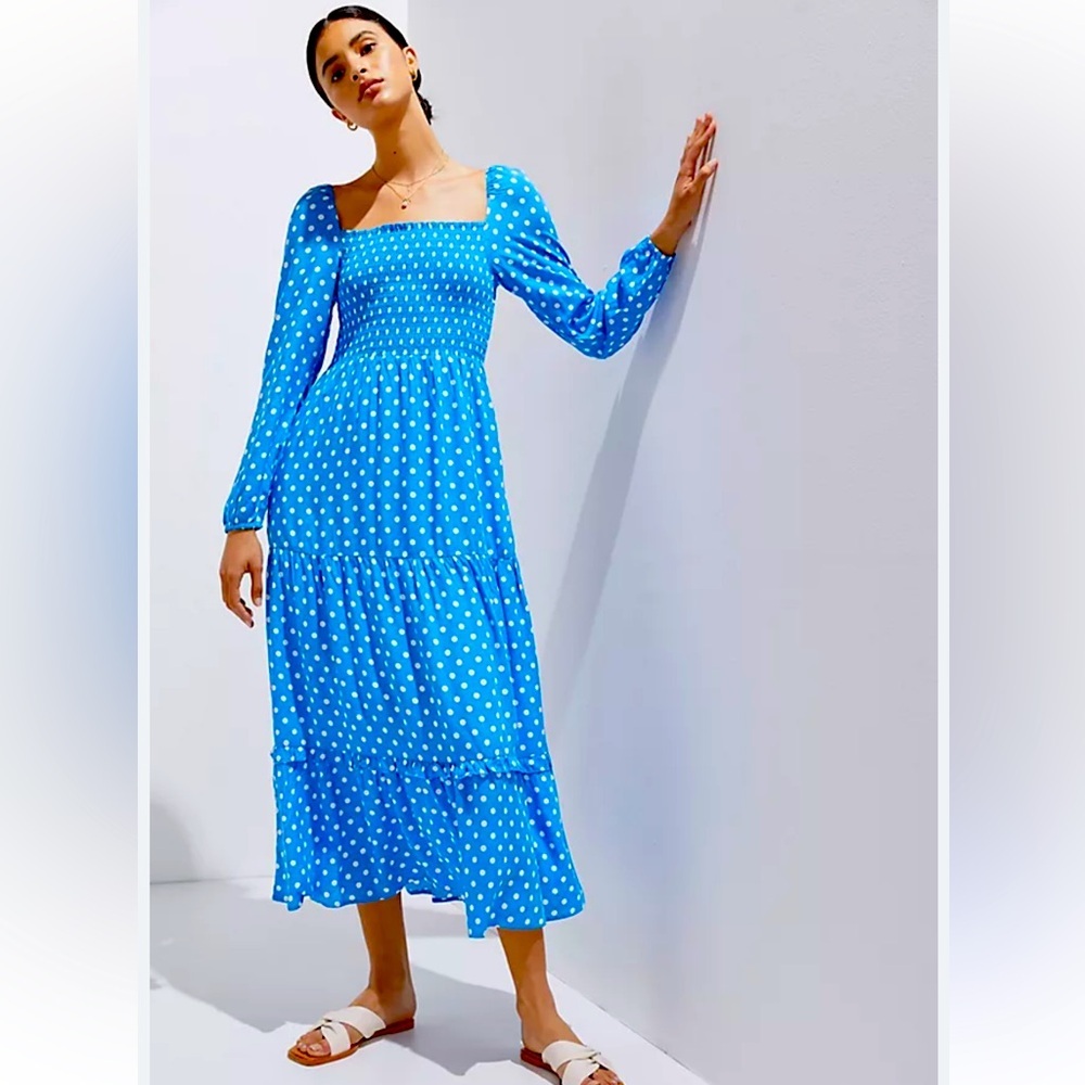 Anthropologie Dolan Smocked Tiered Polka Dots Midi Dress With Polka Dots Sz M